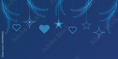 Glowing blue christmas ornaments and pine branches against a dark gradient background