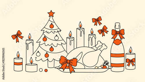 A festive holiday scene featuring a decorated Christmas tree, a roasted turkey, champagne, and numerous candles, all adorned with red bows.