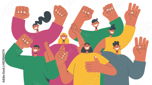 Diverse group of cheerful cartoon people celebrating success with raised fists and hands signaling victory, demonstrating teamwork, collaboration, and powerful unity in a vibrant, modern flat vector i