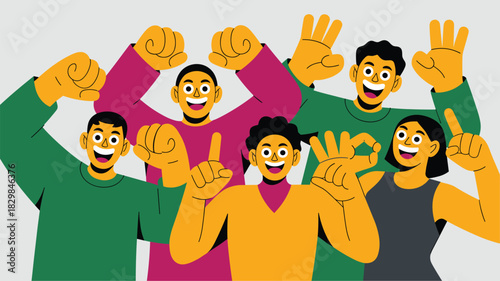 Diverse group of six millennial friends celebrating collective success and achievement with energetic, joyful expressions, raising hands, counting fingers, and displaying OK signs in a vibrant, bold,