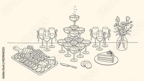 An elegant line drawing of a celebration table featuring a champagne tower, a charcuterie board, and a slice of cake.