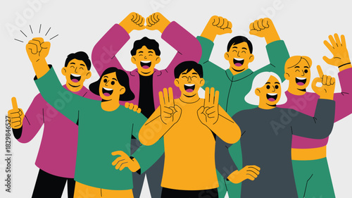 A large diverse group of happy young and mature people cheering and celebrating success, teamwork, or goal achievement with raised hands, thumbs up, and positive gestures, ideal for modern business, c