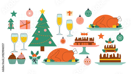 A festive collection of Christmas dinner elements including roasted turkeys, decorated Christmas trees, champagne glasses, cupcakes, and cakes.
