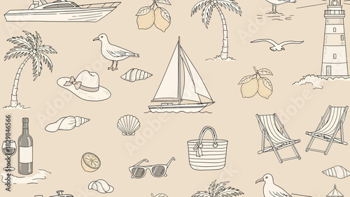 A charming hand-drawn illustration featuring a variety of beach and vacation-themed elements on a beige background.