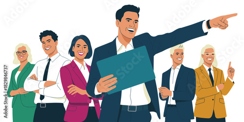 Confident diverse corporate business professionals group of colleagues and executives, led by a successful manager pointing forward, visualizing strategic success, planning, and teamwork for a future