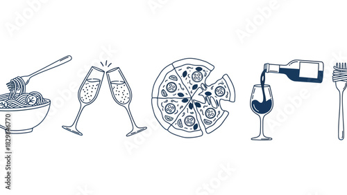 Set of hand-drawn icons representing Italian dining with pasta, pizza, and wine.