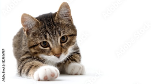A curious grey striped cat is playfully crawling forward. Its big beautiful eyes express playful intent. This image captures a moment of feline curiosity. Cute and heartwarming. AI.