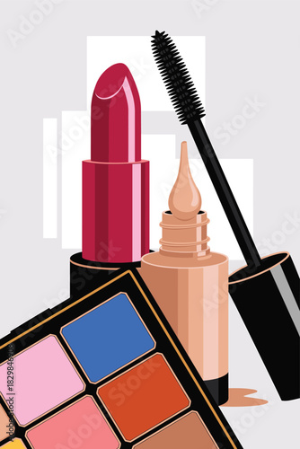 Detailed graphic vector illustration of essential beauty cosmetics, showcasing bright fuchsia lipstick, black mascara, liquid foundation bottle, and a colorful eyeshadow palette with bold blue, pink,