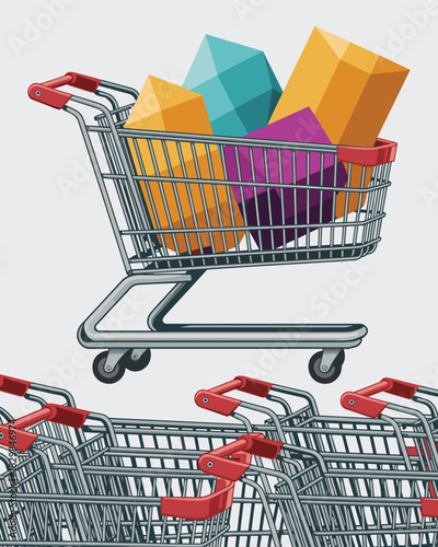 Modern graphic illustration of a vibrant shopping cart overflowing with large abstract polygonal geometric products and colorful faceted shapes, conceptualizing successful retail commerce, digital pur