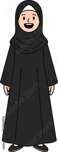 Cartoon woman in black abaya, hijab, traditional attire, smiling character, cultural fashion, modest dress, white background, heritage illustration