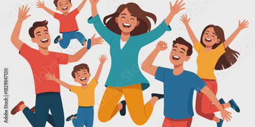 Cheerful diverse multigenerational group of adults and playful children jumping together with raised hands, celebrating freedom, family togetherness, and vitality, rendered as a vibrant flat vector gr