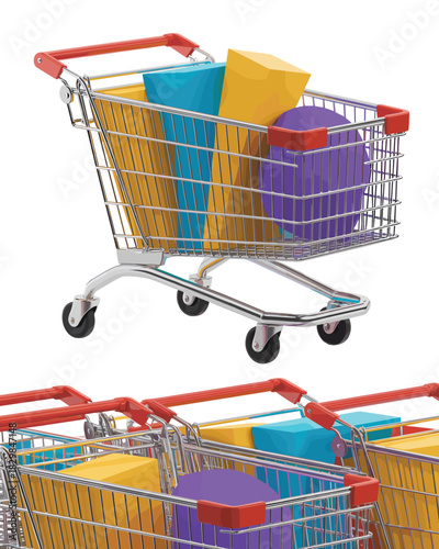 A vibrant 3D rendered shopping cart, a chrome metallic trolley, standing full of colorful abstract geometric shapes representing retail purchases and consumer goods, emphasizing e-commerce, digital sa