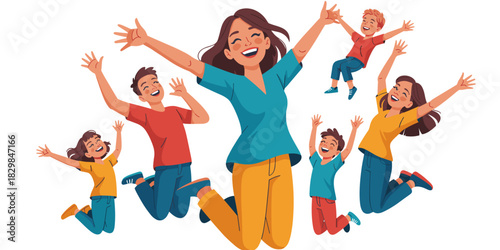 Diverse family and friends group of adults and joyful children jumping high with ecstatic happiness and arms raised in celebration, representing team success, community achievement, freedom, and energ