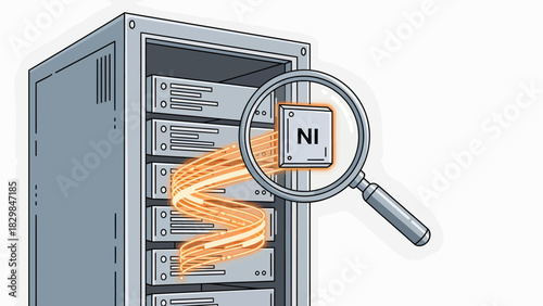 Illustration of a server rack with a magnifying glass focusing on a chip labeled NI.