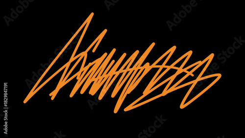 An energetic orange scribble resembling a signature or abstract graffiti on a solid black background.