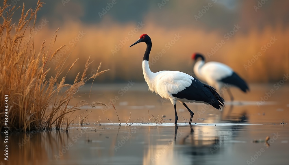Obraz premium Two red-crowned cranes stand in calm water. Birds look for food in wetland area. Crane couple rests in wild environment. Habitat provides shelter and resources for many species.