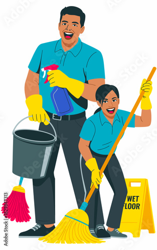 Happy professional cleaning team, a male and female janitorial service crew, working together with a mop, bucket, and spray bottle, symbolizing facility maintenance and commercial hygiene for website