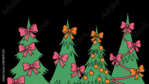 A festive illustration of four stylized Christmas trees adorned with colorful bows and ornaments against a black background.