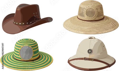 Set of Classic Adventure and Western Headwear Vector Illustration Featuring Cowboy Hat, Straw Hats, and Pith Helmet for Travel and Style