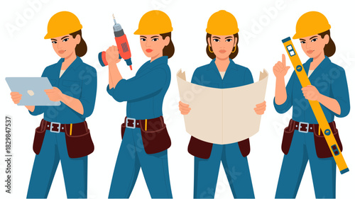 Confident female construction worker illustrations, showing four roles: architect planning with blueprints, technician drilling, engineer analyzing data on a tablet, and builder using a level for accu