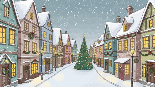 A charming winter street scene with snow-covered buildings, festive decorations, and a brightly lit Christmas tree in the center.