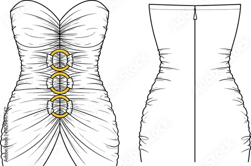 Strapless ruched dress technical sketch, sweetheart neckline, gold ring detail, fashion design, cad drawing flat vector illustration, front back view