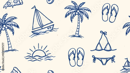 Hand-drawn summer vacation seamless pattern with sailboat, palm tree, and bikini doodles.