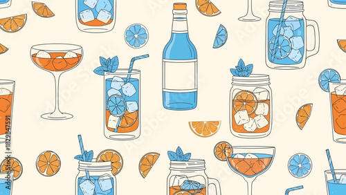A vibrant and refreshing collection of colorful cocktails and drinks with citrus slices and ice, set against a light background.
