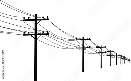 Vector Illustration of a Long Row of Utility Poles and Power Lines, Extending into the Distance with Perspective, Representing Energy Transmission, Telecommunications, and Electrical Infrastructure 
