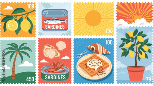 A vibrant collection of illustrated postage stamps featuring summer themes like lemons, sardines, palm trees, and breakfast food.