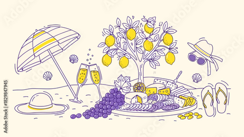 A delightful summer picnic spread on a beach with a lemon tree, champagne, cheese, and grapes.