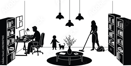 Vector Illustration of Modern Family Silhouettes Working and Living at Home, Featuring Man on Computer, Woman Vacuuming, Child, and Cat in Cozy Interior with Bookshelves, Representing Domestic Life 