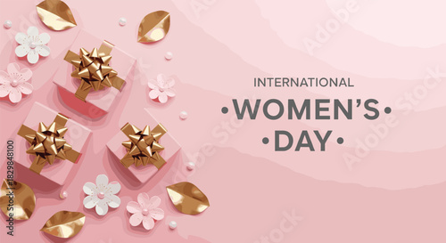 International Women's Day Vector Background with Pink Gift Boxes, Golden Leaves, White Flowers, and Pearls on a Soft Pink Backdrop Illustration.
