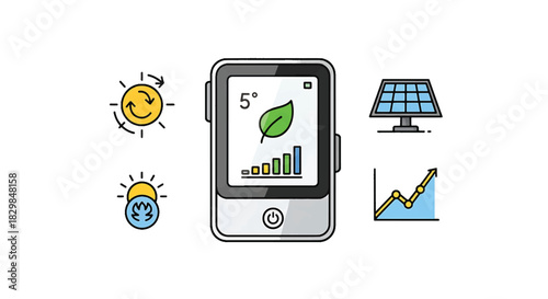 Digital device displaying environmental data with solar energy and weather icons