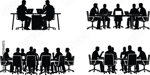 Vector Illustration Set of Business Meeting Silhouettes, Featuring Various Groups of People Discussing and Collaborating Around Tables and Laptops, Ideal for 