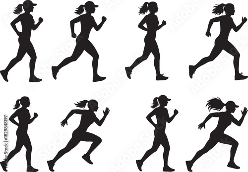Female runner silhouettes in various running poses on white background woman