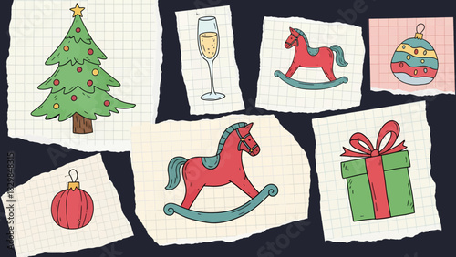 A collection of hand-drawn Christmas-themed illustrations on torn paper, featuring a Christmas tree, ornaments, rocking horses, a gift, and a champagne flute.