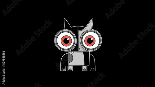 A cartoon black and white cat-like creature with huge red eyes on a black background, featuring a split face design.