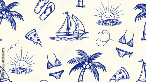 Hand-drawn seamless pattern of summer vacation doodles including sailboats, palm trees, and bikinis.