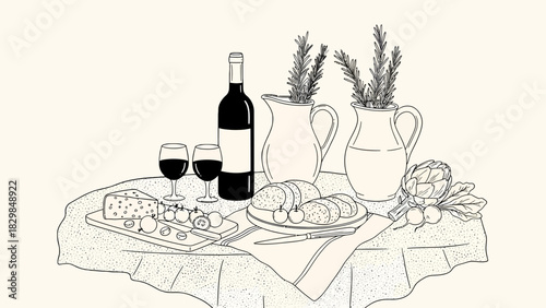 A still life drawing of a table set with a bottle of wine, two glasses, cheese, bread, and vegetables, with two vases of greenery in the background.