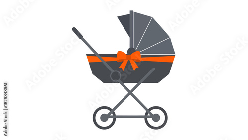 A grey baby stroller with an orange ribbon, presented as a gift, on a white background.