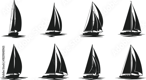 Black and white sailboat silhouettes, nautical design, ocean reflections, maritime art, minimalist sailing illustration, abstract water ripples, boat collection