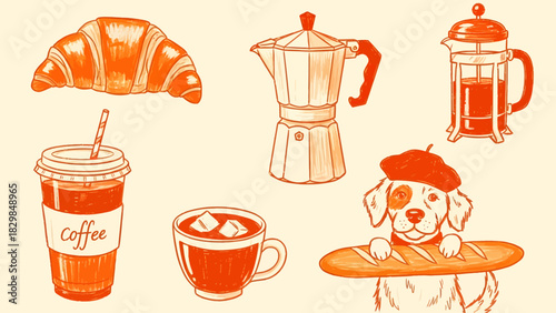 An illustration showcasing a croissant, coffee, and a dog with a baguette, all in orange.