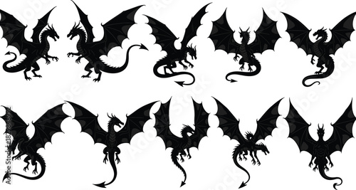 Vector Illustration Set of Ten Flying Dragon Silhouettes, Depicting Mythical Creatures in Various Aggressive and Dynamic Poses with Large Wings, Ideal for Fantasy Gaming, Mascot, and Medieval 
