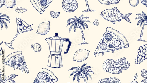 Seamless pattern with summer food and drink illustrations in blue ink on a cream background.