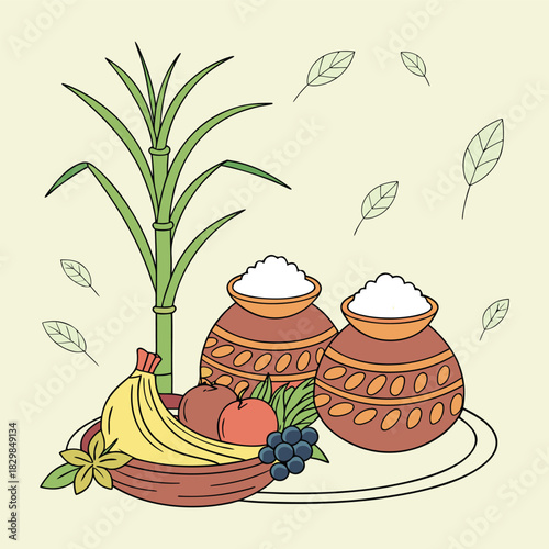 Colorful illustration of Pongal harvest festival elements: sugarcane, fruits, and sweet rice in pots