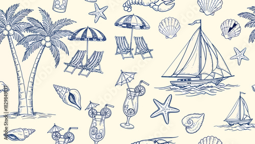 A charming vintage-style illustration of a tropical beach scene with palm trees, lounge chairs, umbrellas, sailboats, and refreshing cocktails.