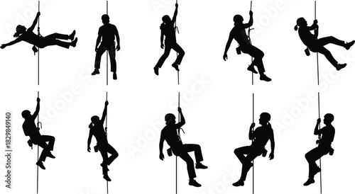 Vector Illustration Set of Ten Rock Climber and Abseiler Silhouettes, Featuring Men and Women Ascending and Descending Ropes in Dynamic Poses, Representing Extreme Sports, Adventure, and Safety 
