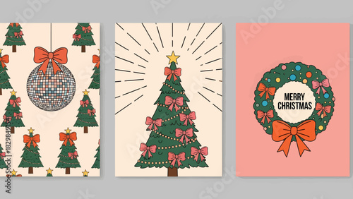 Three festive Christmas card designs featuring decorated trees, a sparkling bauble, and a cheerful holiday wreath with bows.