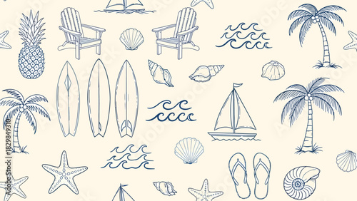 Hand-drawn seamless pattern featuring blue summer beach icons like palm trees, surfboards, and seashells on a light background.